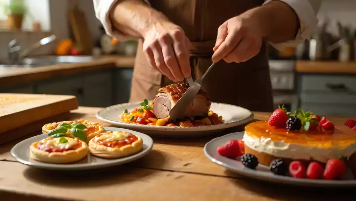 Meniul zilei, 13 mai: Mini-pizza cu foietaj, friptură de porc la cuptor și tort cu spumă de zahăr ars