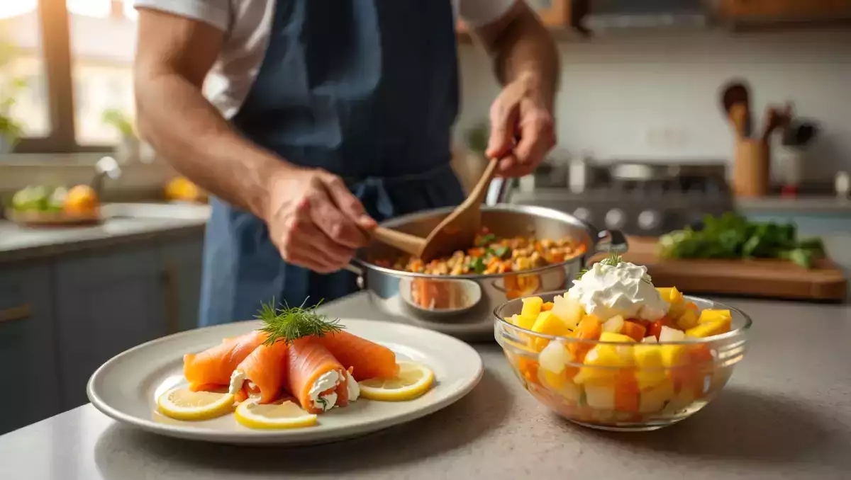 Meniul zilei, 22 mai: Rulouri cu somon, piept de pui și salată de fructe