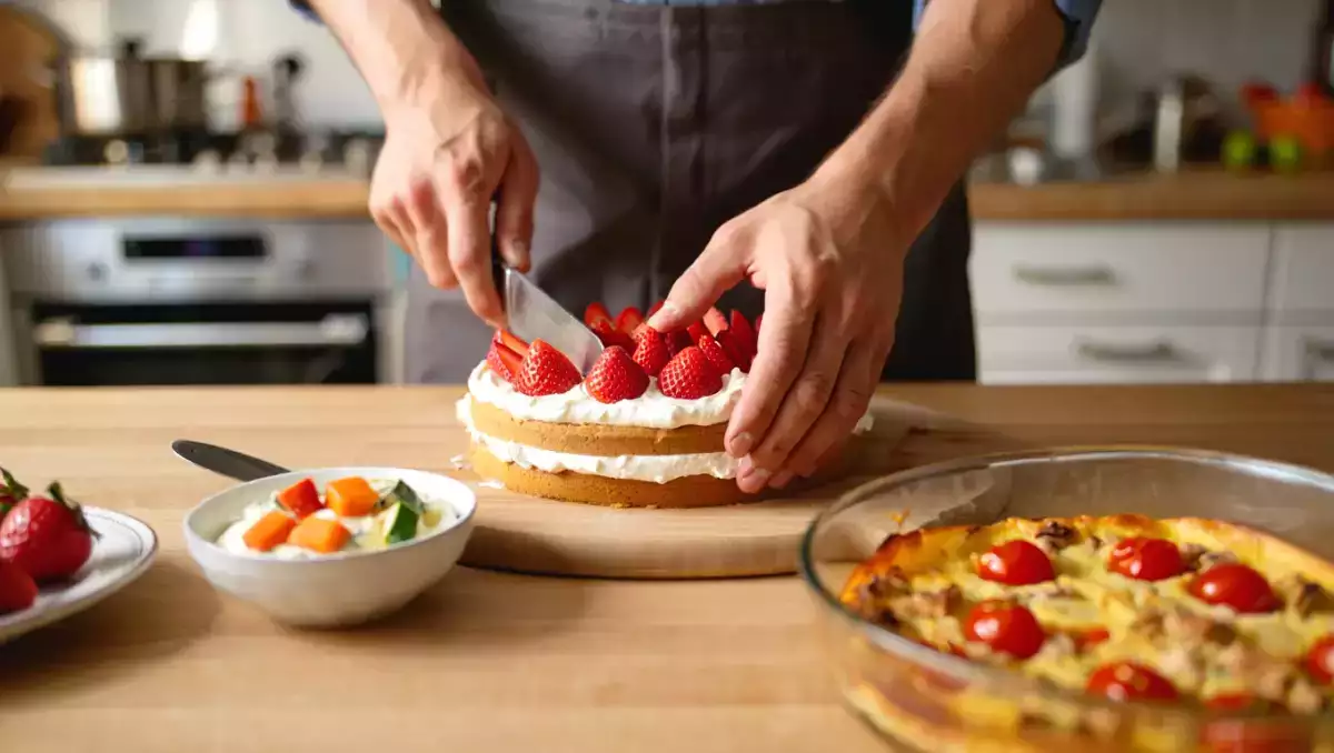 Meniul zilnic, 1 iunie: Flan de legume, Clafoutis cu roșii cherry și ton, Layer cake cu căpșune