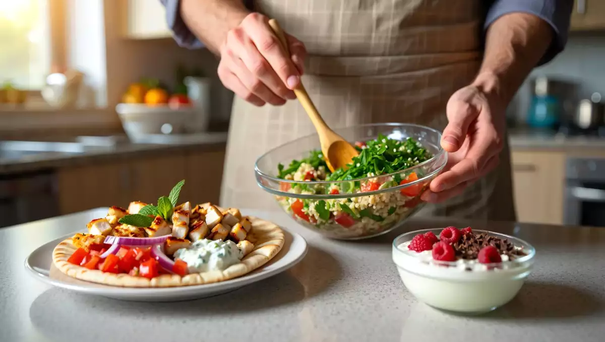 Meniul zilei, 5 iulie 2026: gyros cu pui, tabbouleh libanez proaspăt și înghețată cu skyr și zmeură