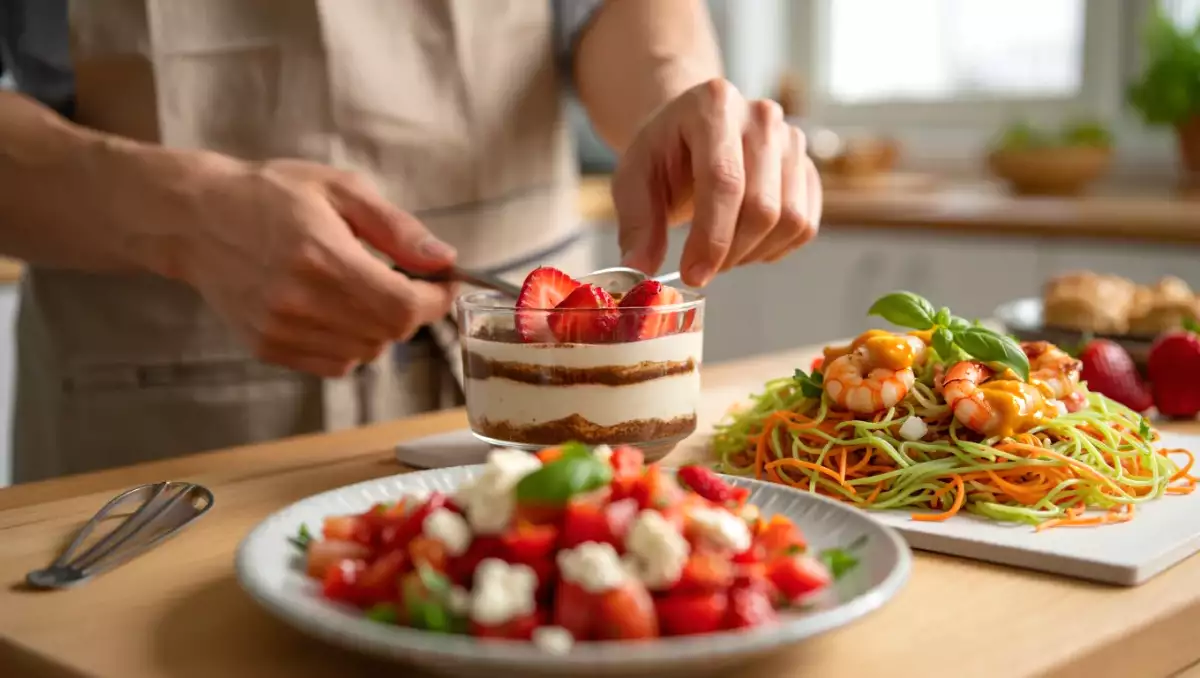 Meniul zilei, 9 iulie 2026: salată de căpșune, vermicelli cu creveți și verrine tiramisu cu căpșune