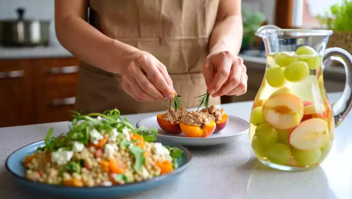 Meniul zilei, 29 iulie: caise umplute cu ton, salată de cușcuș perlat și sangria albă