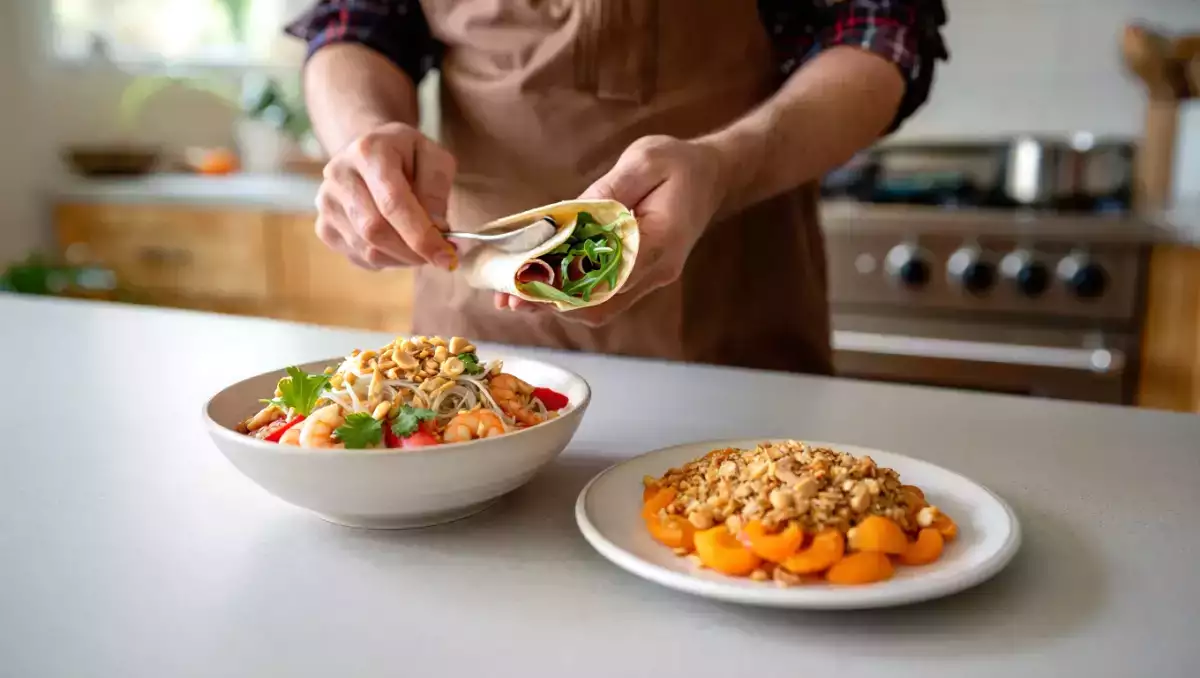 Meniul zilnic, 6 august: Wrap aperitiv cu prosciutto, salată colorată cu creveți și crumble de caise