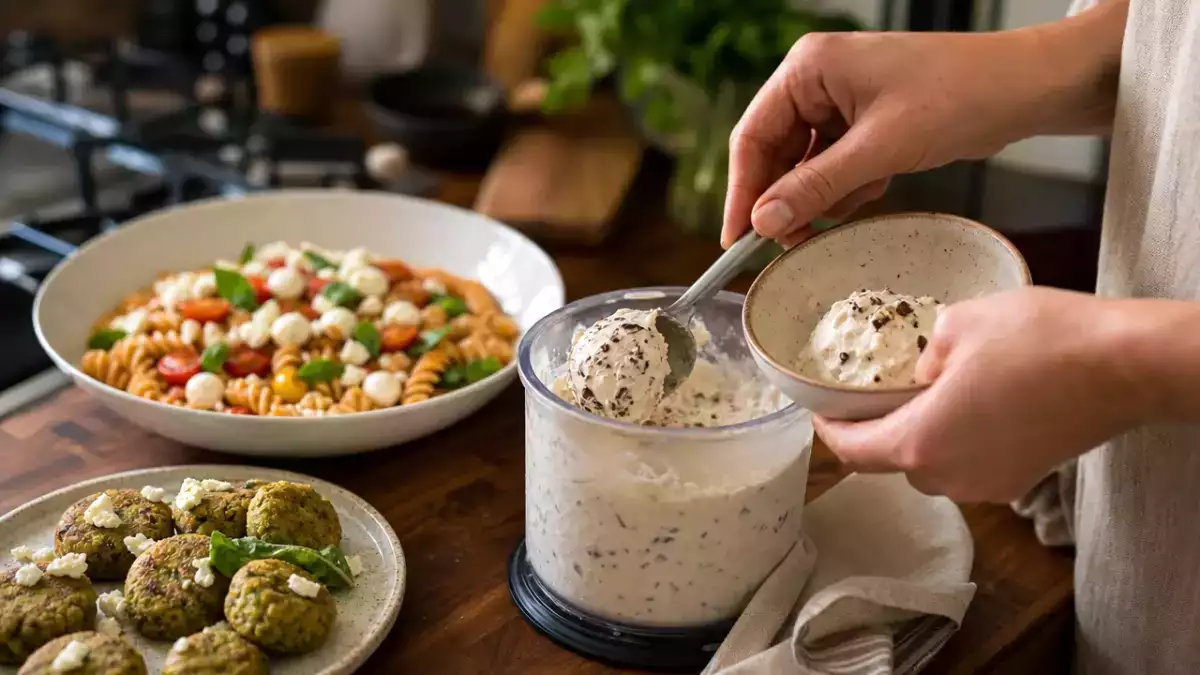 Meniul zilei, 19 august: Chifteluțe de mazăre, paste reci cu gazpacho și înghețată stracciatella