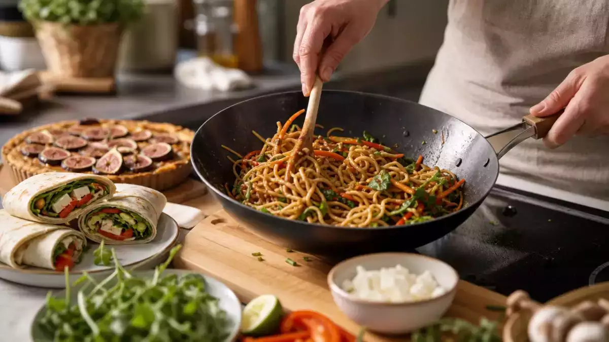 Meniul zilnic, 22 august: Wrap mediteranean, Chow Mein și Tartă cu smochine