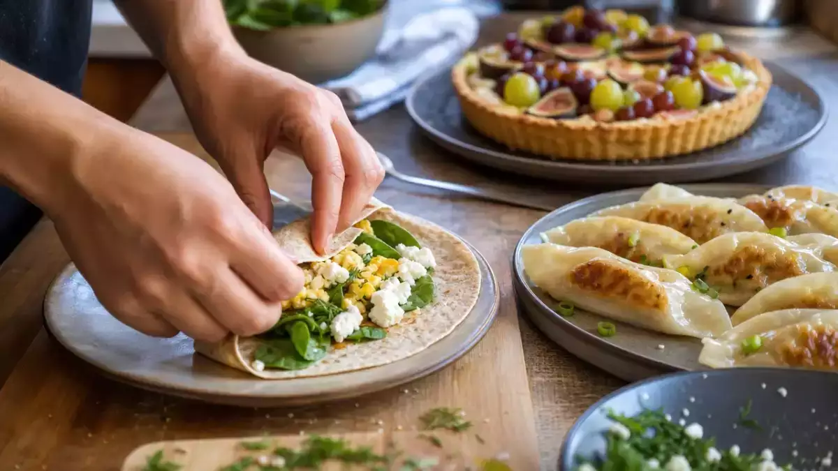 Meniul zilnic, 24 august: wrap moale cu ou și feta, gyozas cu pui și tartă cu smochine și struguri