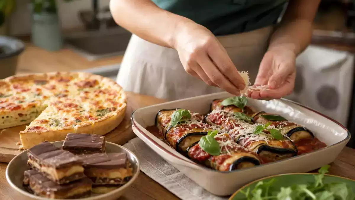 Meniul zilei, 30 august: quiche-uri cu tortilla, rulouri cu vinete și biscuiți twix delicioși