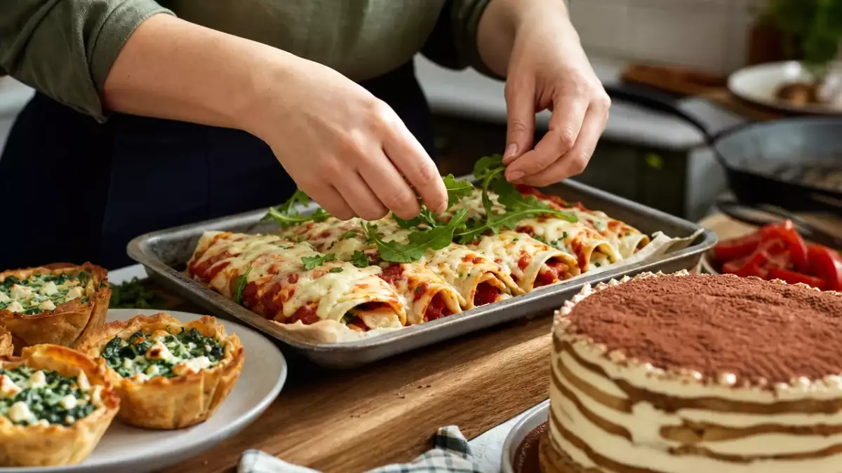 Meniul zilei, 5 septembrie: mini plăcinte pufoase cu spanac, rulouri cu aromă de pizza și tort cu clătite tiramisu