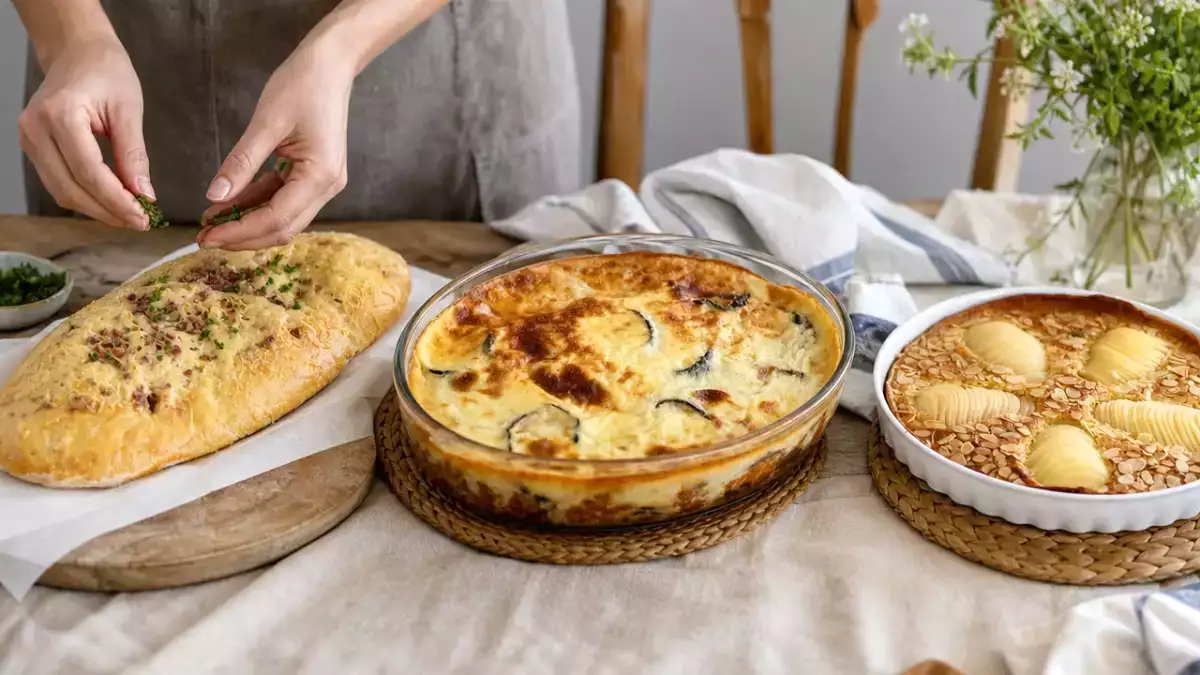 Meniul zilei, 16 septembrie: Fougasse, musaca à la grecque și tartă cu pere și migdale
