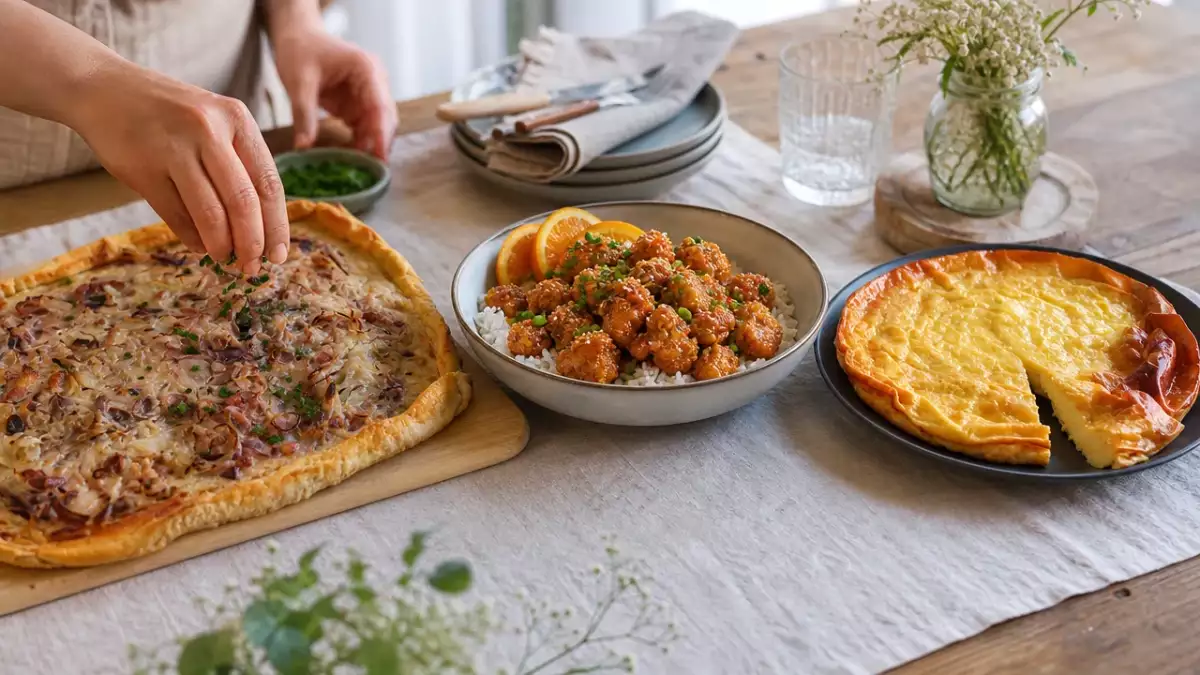 Meniu zilnic, 24 octombrie: plăcintă germană cu ceapă, tofu cu portocale și desert din 3 ingrediente