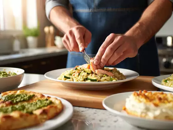 Meniul zilei, 5 mai: Paine impletita aromata, salată de paste orzo cu somon și prăjitură cu cremă de frișcă