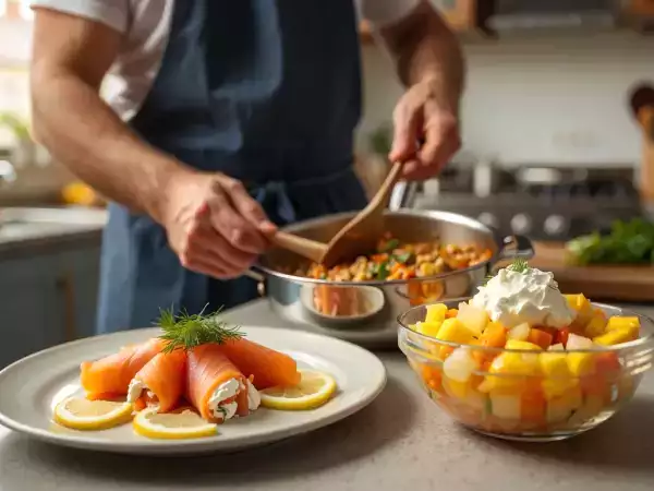Meniul zilei, 22 mai: Rulouri cu somon, piept de pui și salată de fructe