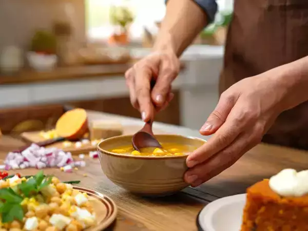 Meniul zilei, 25 mai: Salată de năut, supă de cartof dulce și tort cu morcovi