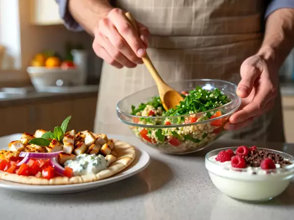 Meniul zilei, 5 iulie 2026: gyros cu pui, tabbouleh libanez proaspăt și înghețată cu skyr și zmeură
