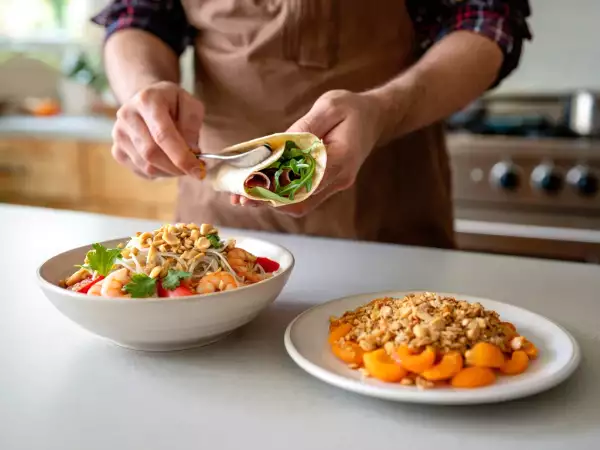 Meniul zilnic, 6 august: Wrap aperitiv cu prosciutto, salată colorată cu creveți și crumble de caise