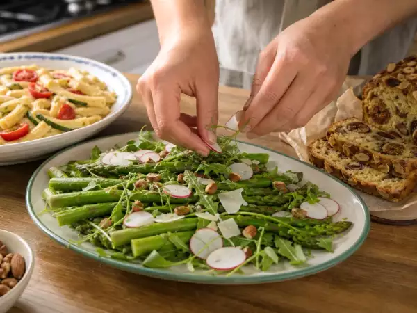 Meniul zilnic, 23 august: salată cu sparanghel, paste cremoase și chec cu smochine