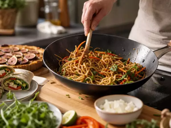 Meniul zilnic, 22 august: Wrap mediteranean, Chow Mein și Tartă cu smochine