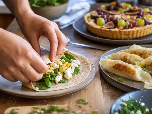 Meniul zilnic, 24 august: wrap moale cu ou și feta, gyozas cu pui și tartă cu smochine și struguri