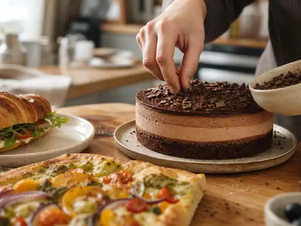 Meniul zilei, 10 septembrie: Sandwich croissant, focaccia decorată și tort triplu cu mousse de ciocolată
