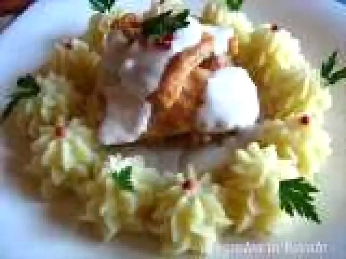 MINISNITELE DIN PIEPT DE PUI CU PIURE DE CARTOFI SI SOS DE HREAN