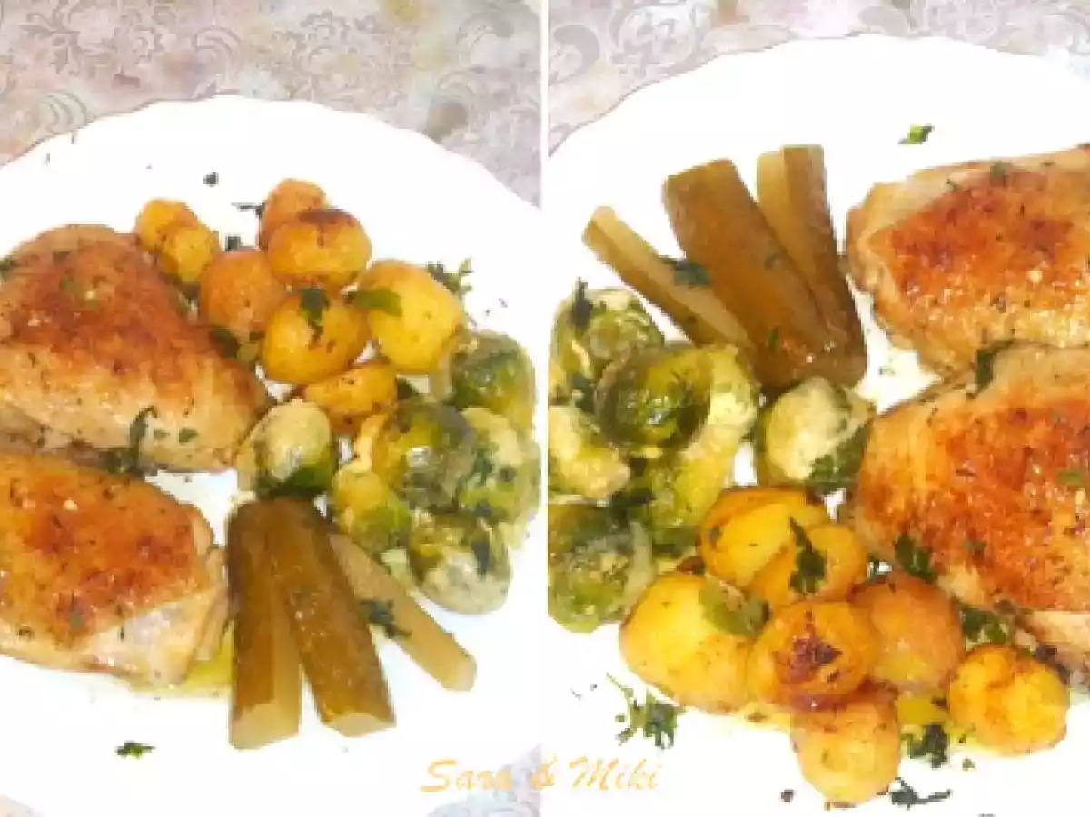 Friptura de pui cu varza de Bruxelle si cartofi noi