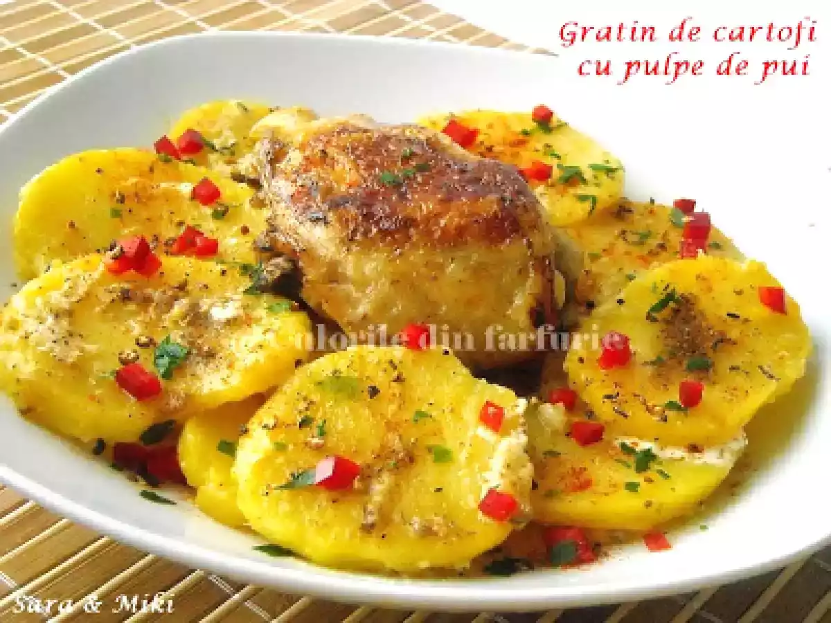 Gratin de cartofi cu pulpe de pui