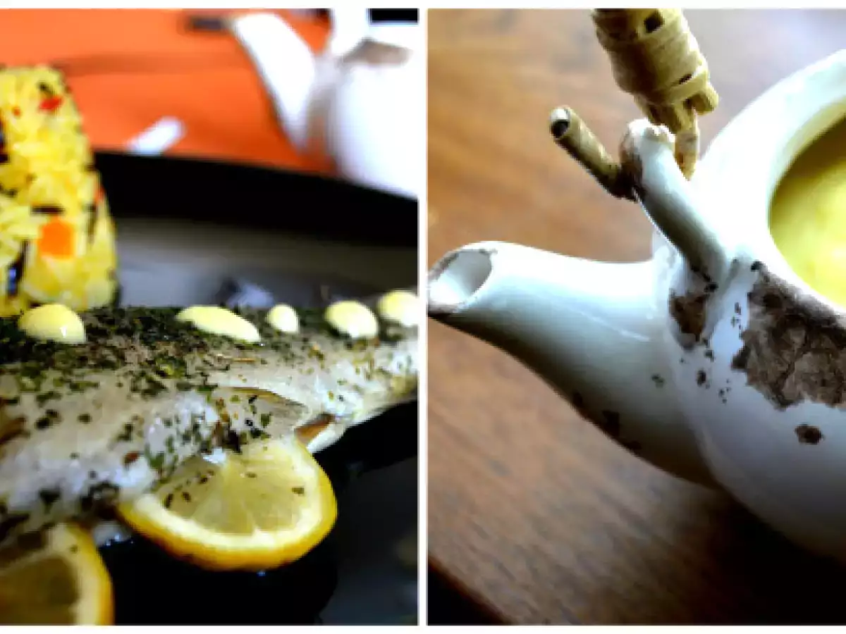 Pastrav la cuptor cu sos de lamaie si orez cu legume