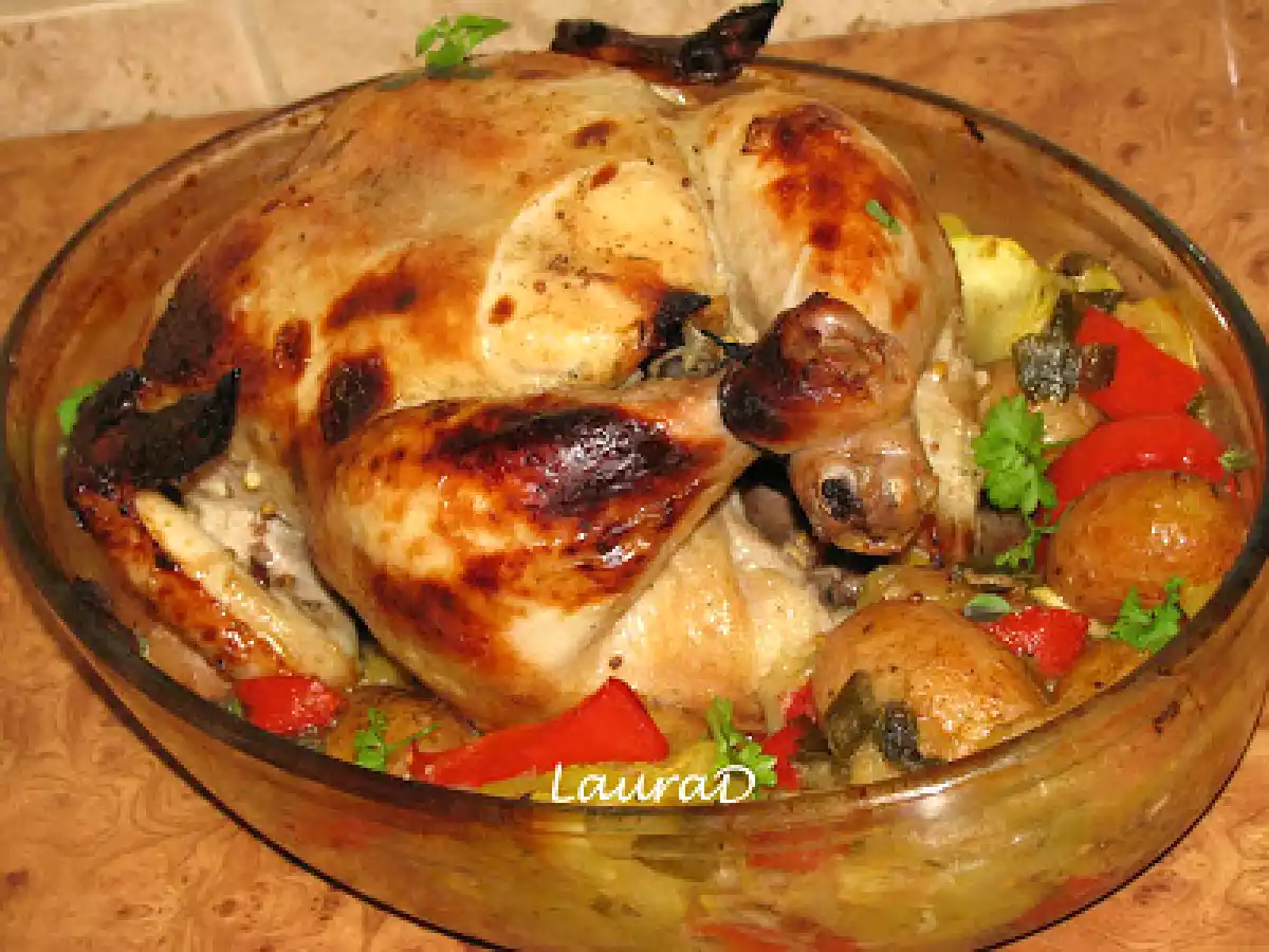 Pui la cuptor cu cartofi noi, ceapa verde si dovlecei - poza 3