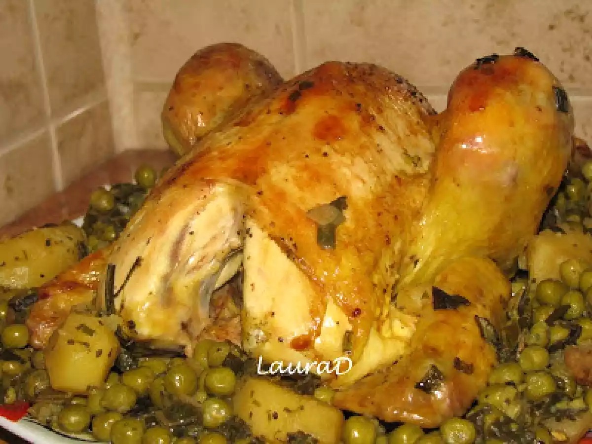 Pui la cuptor cu mazare, ceapa verde si cartofi noi - poza 4