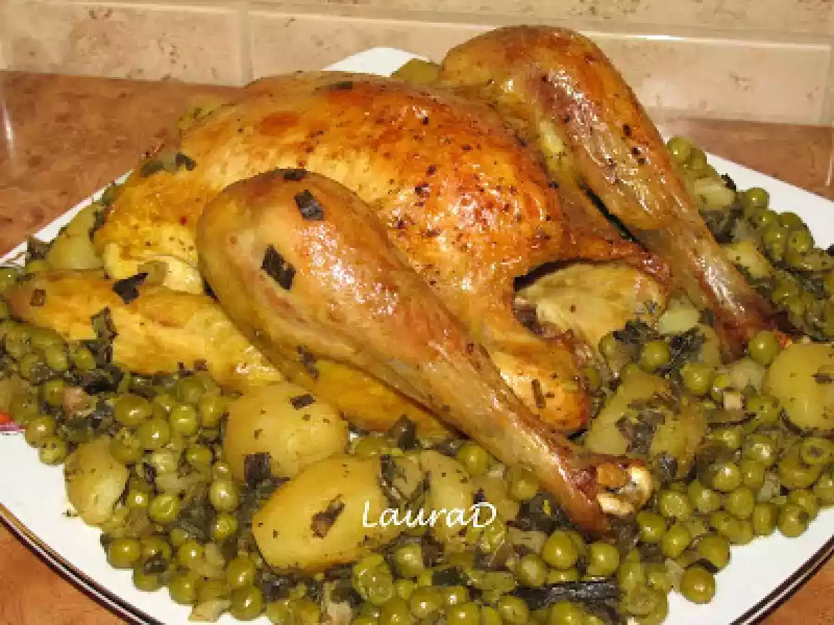 Pui la cuptor cu mazare, ceapa verde si cartofi noi - poza 5