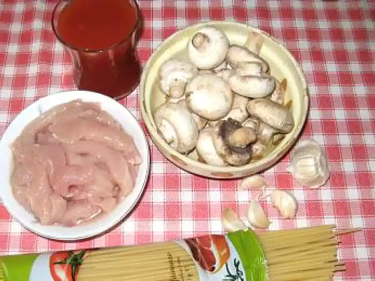 Spaghete cu Ciuperci, Piept de Pui si Sos de Rosii